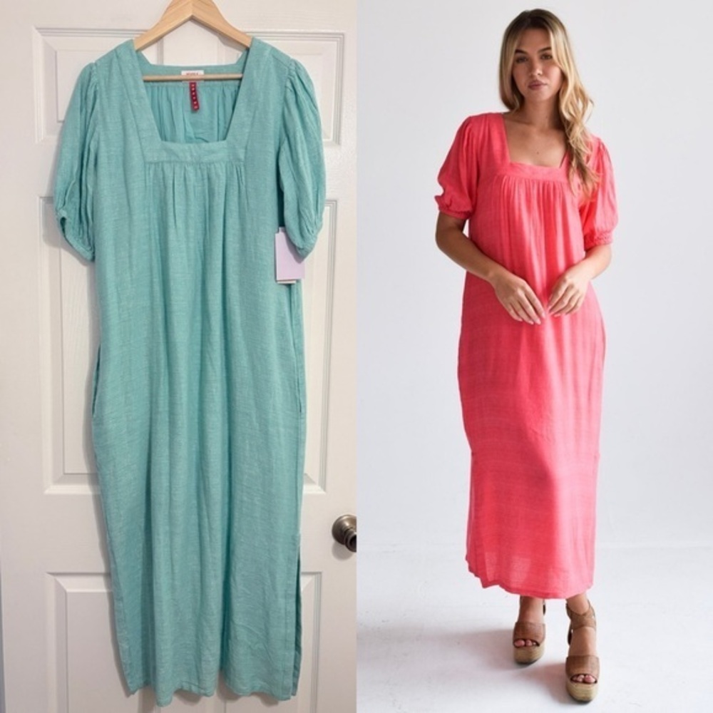 Never A Wallflower Puff Sleeve Square Neck Midi Gauzy Dress Teal Blue XS NWT